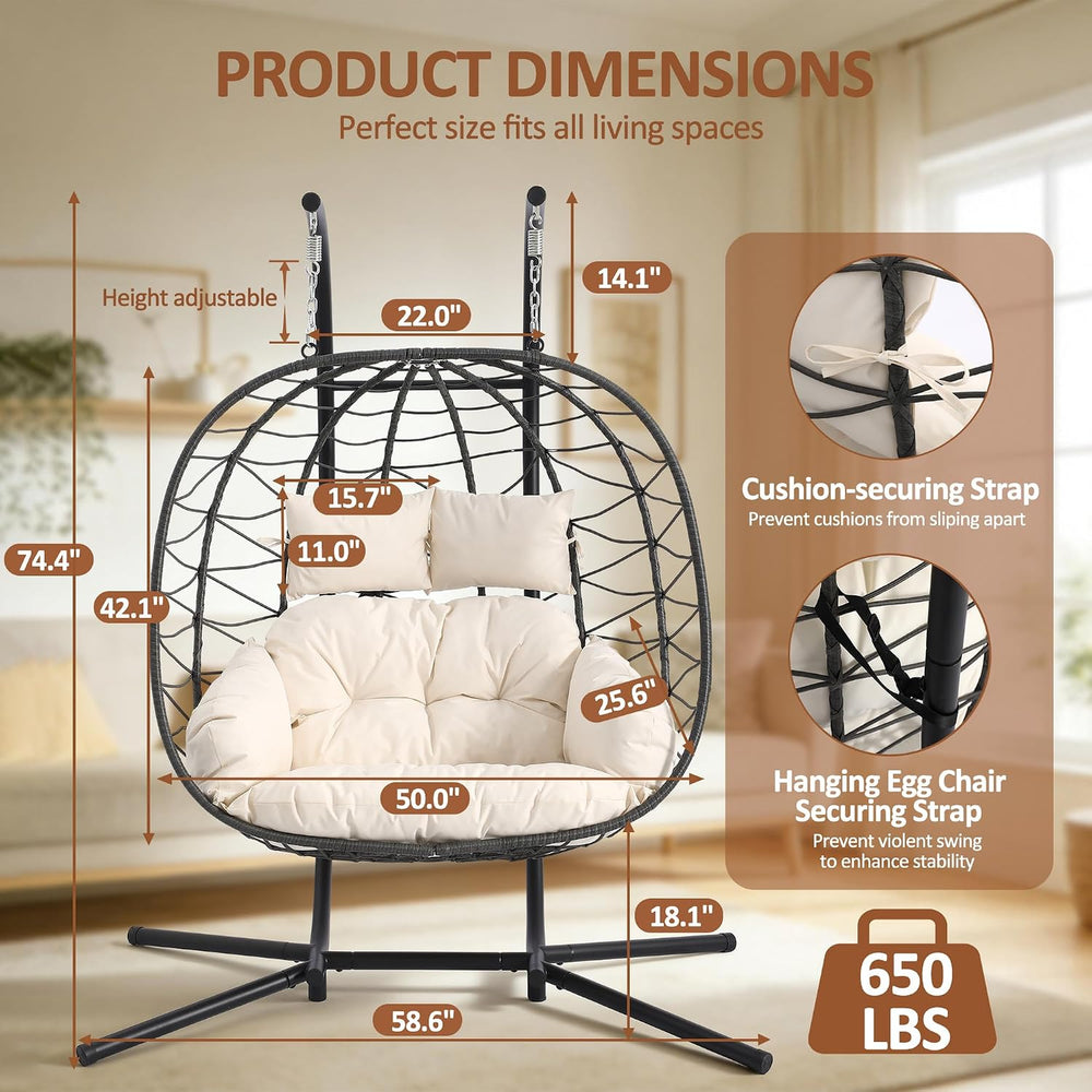 Double Egg Chair with Stand, 650 LBS Capacity, Beige