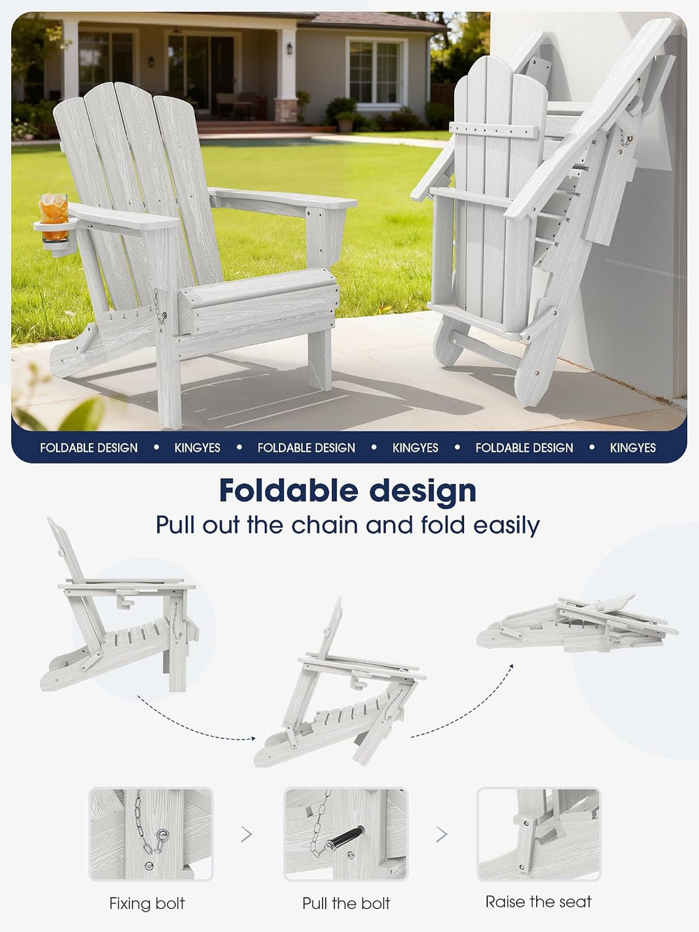 KINGYES Folding Adirondack Chair Set of 2 with Cup Holder, White