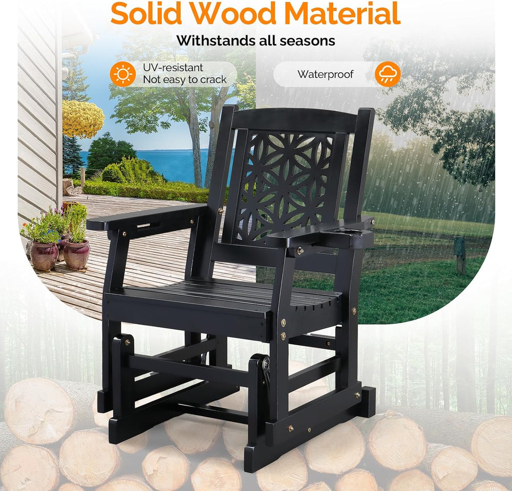 VINGLI Outdoor Wooden Glider, Patio Glider with Cup Holder, Wooden Glider Cha...