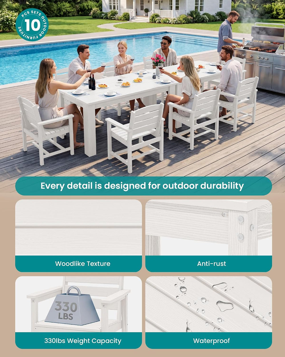 SERWALL Patio Dining Set for 8, w/ 2 Tables & 8 Armchairs, White