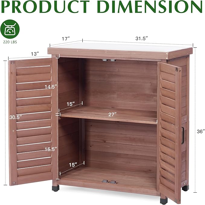Outdoor Storage Cabinet & Potting Bench Table with Metal Top, Wooden Pati...