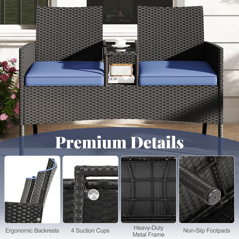 Tangkula Patio Loveseat with Built-in Table, Wicker 2-Seat Furniture with Sof...