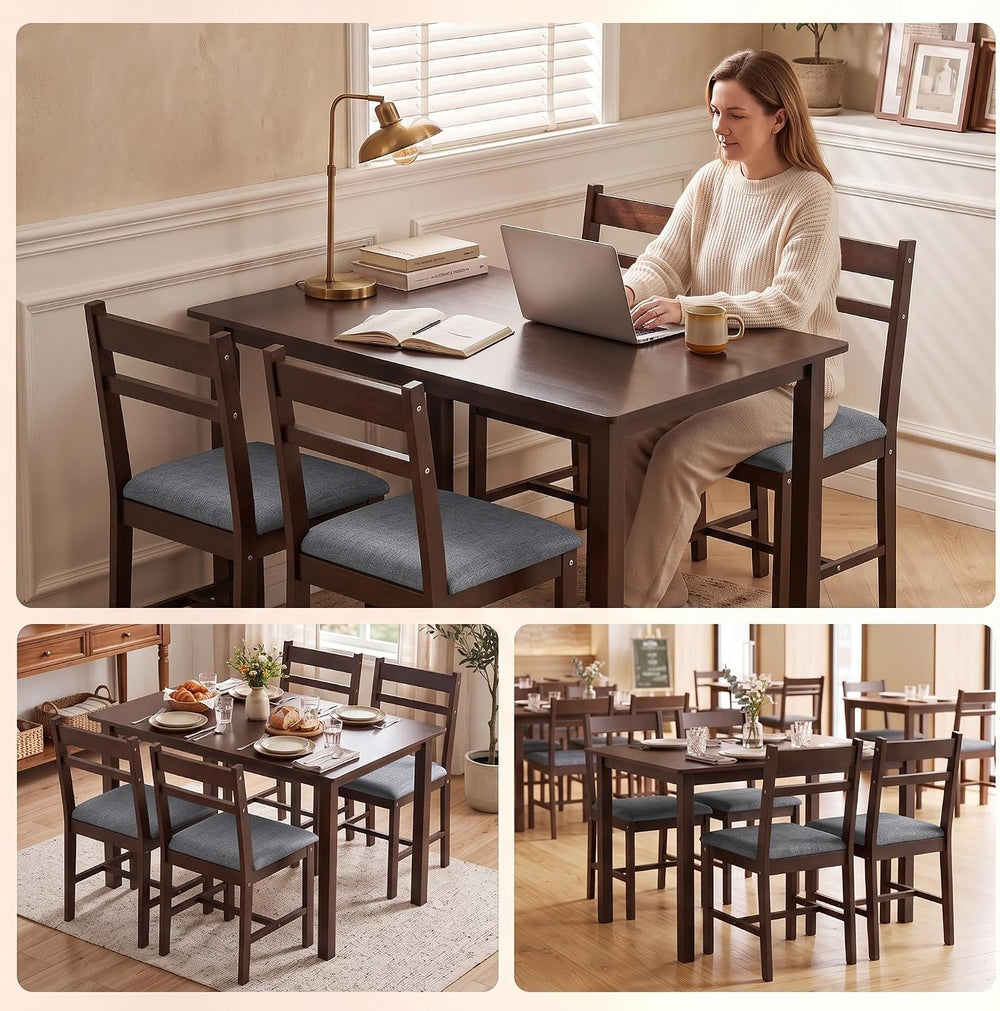 HOMCOM 5-Piece Solid Wood Dining Table Set for 4, Walnut and Gray