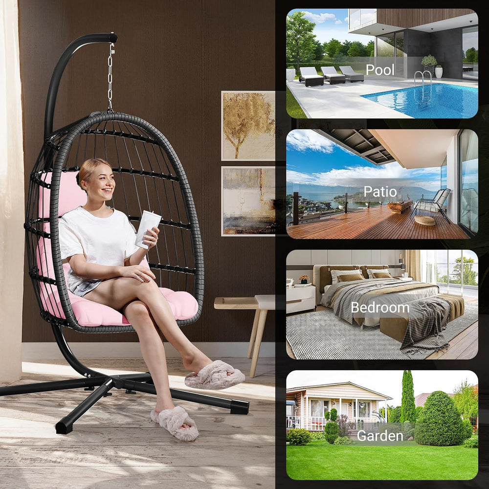 Hanging Egg Chair with Stand, Patio Rattan Wicker Swing Chair, Oversized Hamm...