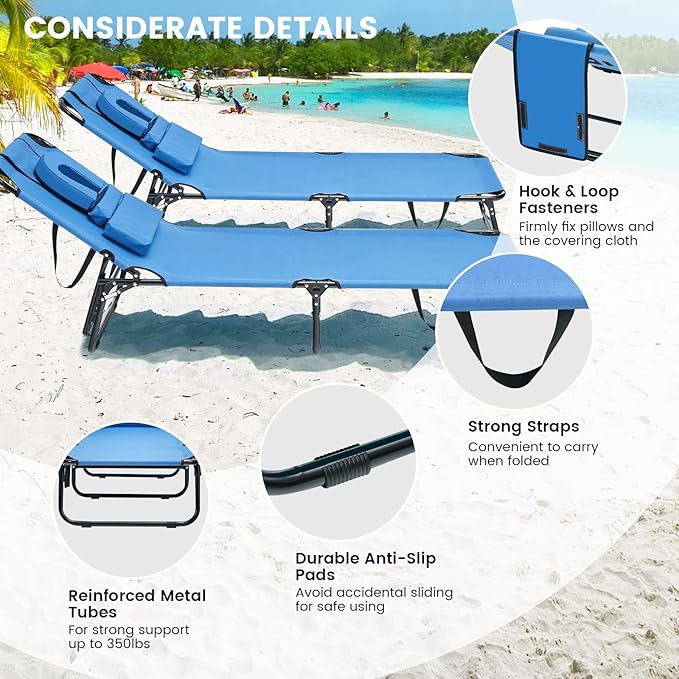GYMAX Tanning Chair, 350lbs Beach Lounge Chair with Face Hole, Washable Pillo...