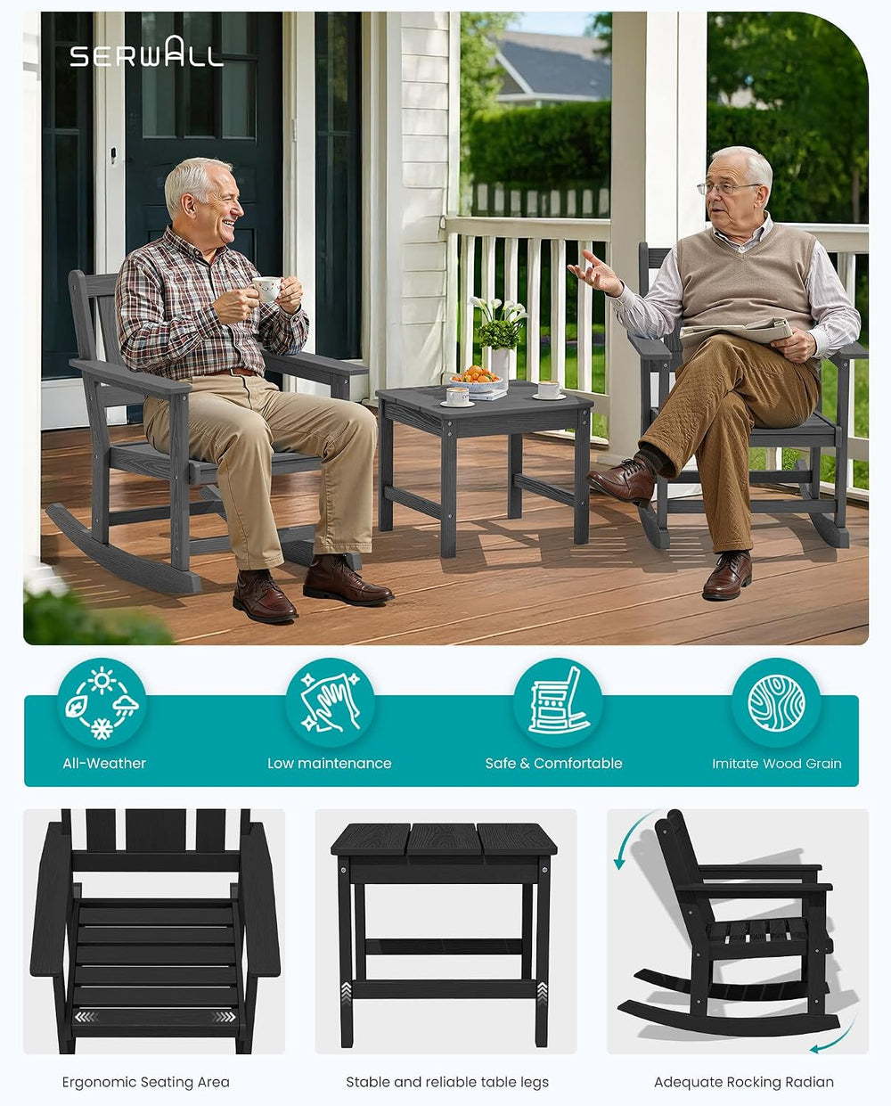 SERWALL 3-Piece Patio Furniture Set with 2 Rocking Chairs & Table, Black