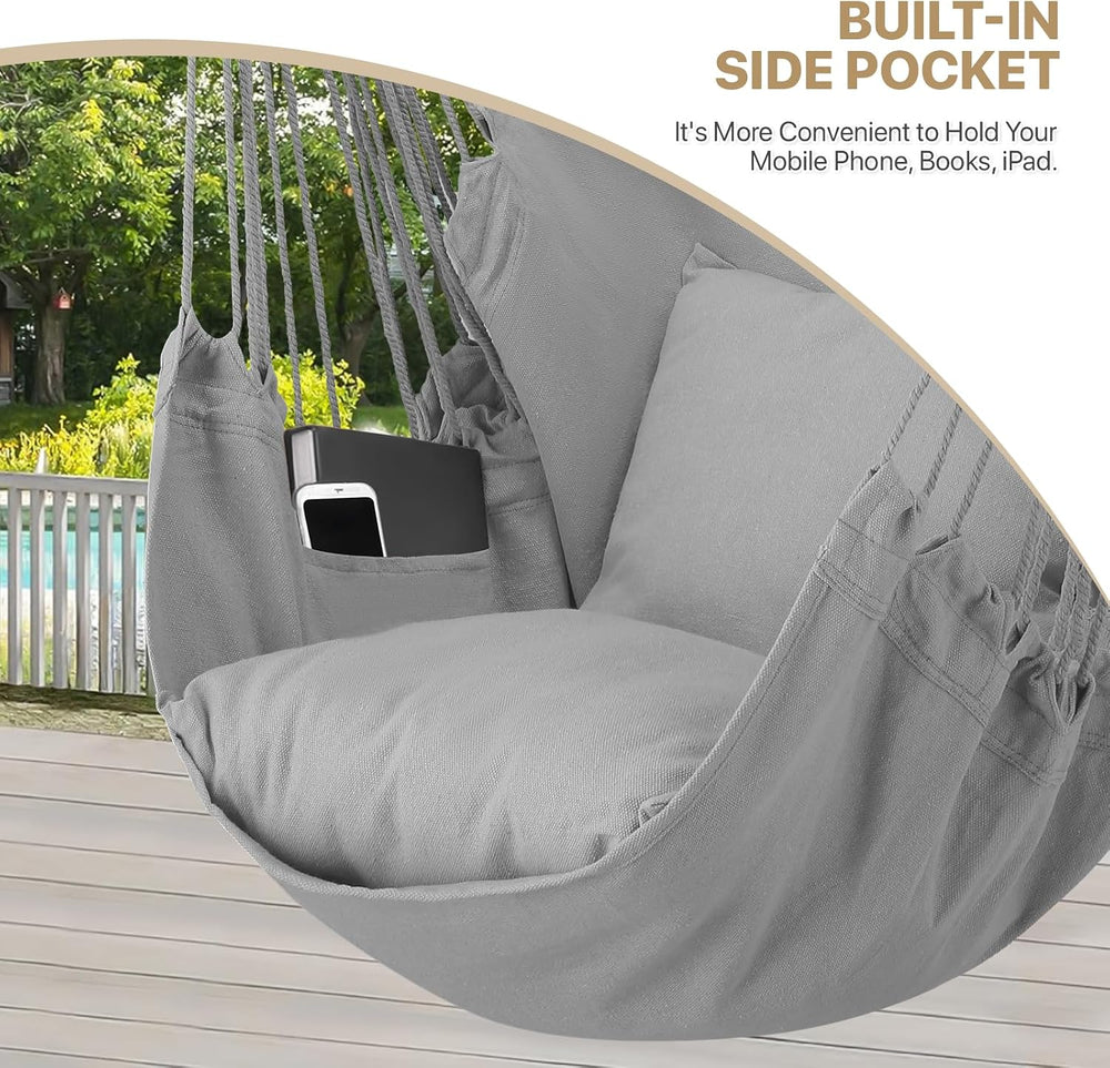 MoNiBloom Hammock Chair Hanging Rope Swing w/2 Cushions, Hold 350 lbs, Gray