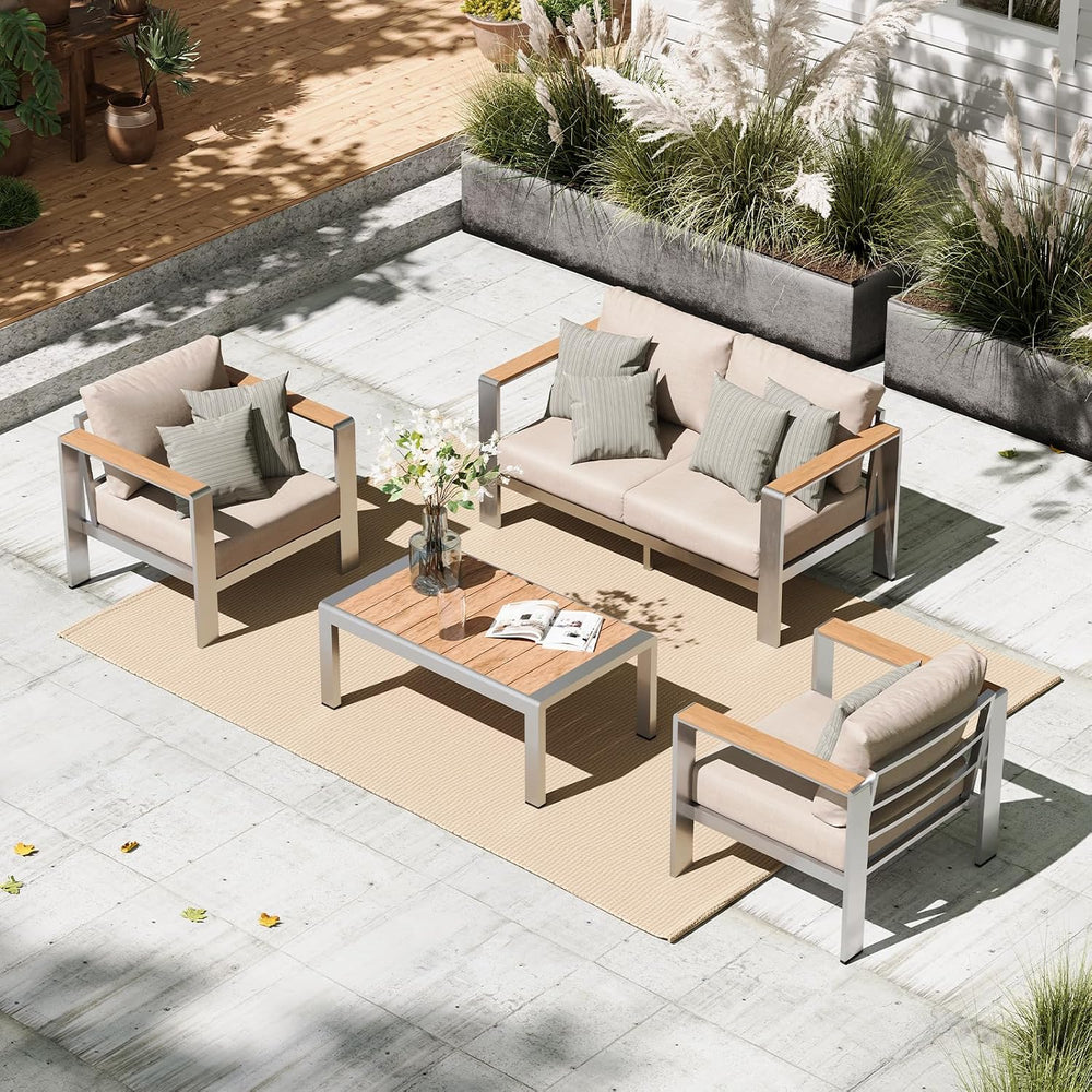 Aluminum Outdoor Patio Furniture Set with Coffee Table, 4 Piece Patio Convers...