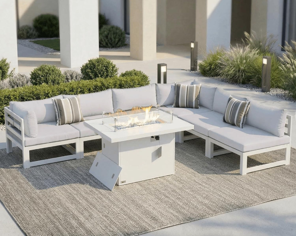 NICESOUL 7 Piece White Powder-Coated Aluminum Patio Furniture with Fire Pit T...