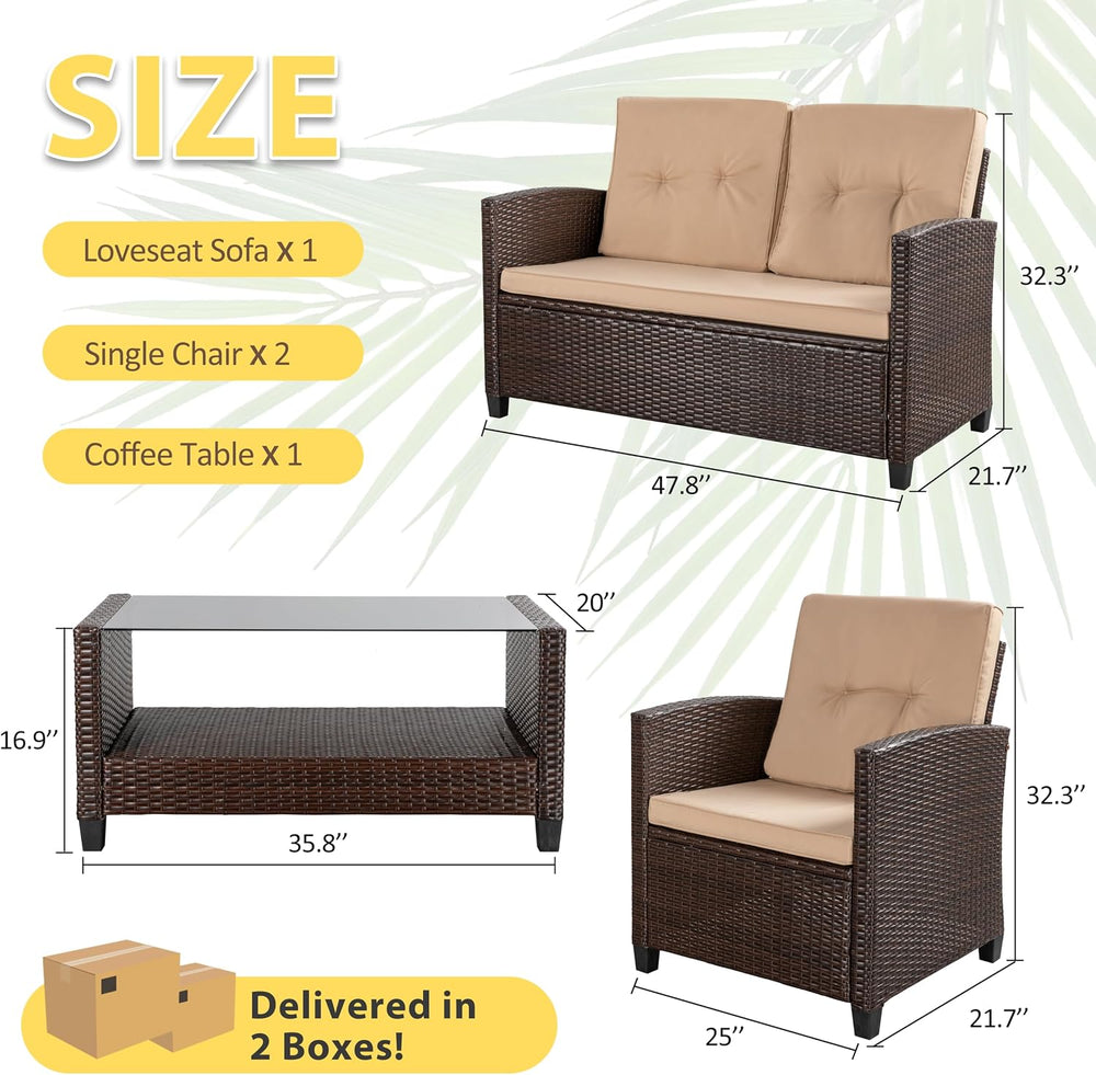 Vongrasig 4 Piece Patio Furniture Set, Wicker Porch Furniture, Beige
