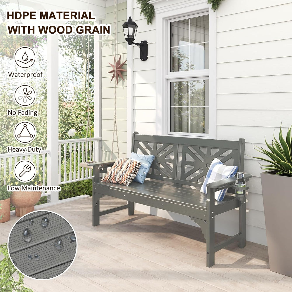 nalone Outdoor Bench with Cup Holders, HDPE Porch Bench Fade Proof (Grey)