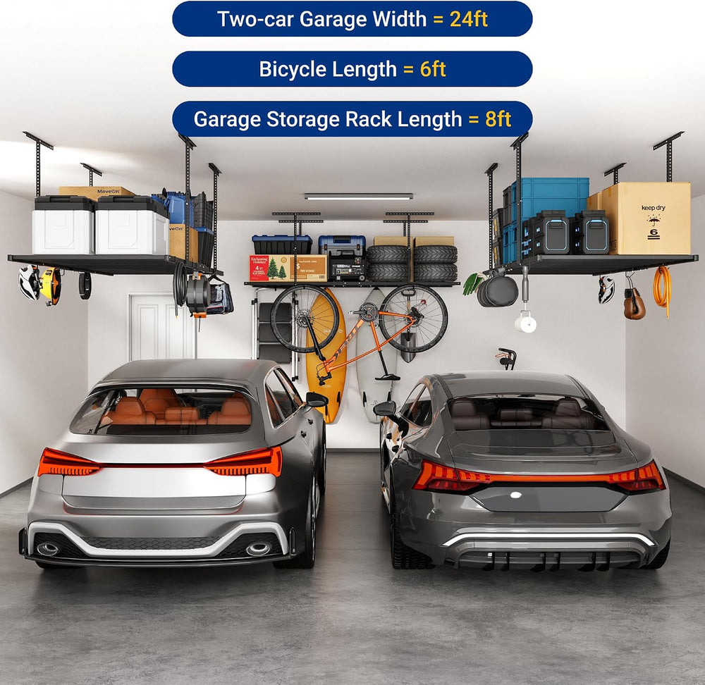 FLEXIMOUNTS 4x8 Overhead Garage Storage Rack with 6 Hooks, 2 Pack, Black