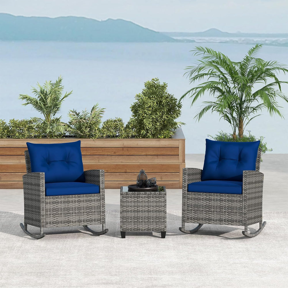 HAPPYGRILL 3 Pieces Patio Rattan Rocking Bistro Set, PE Wicker Rocking Chairs...