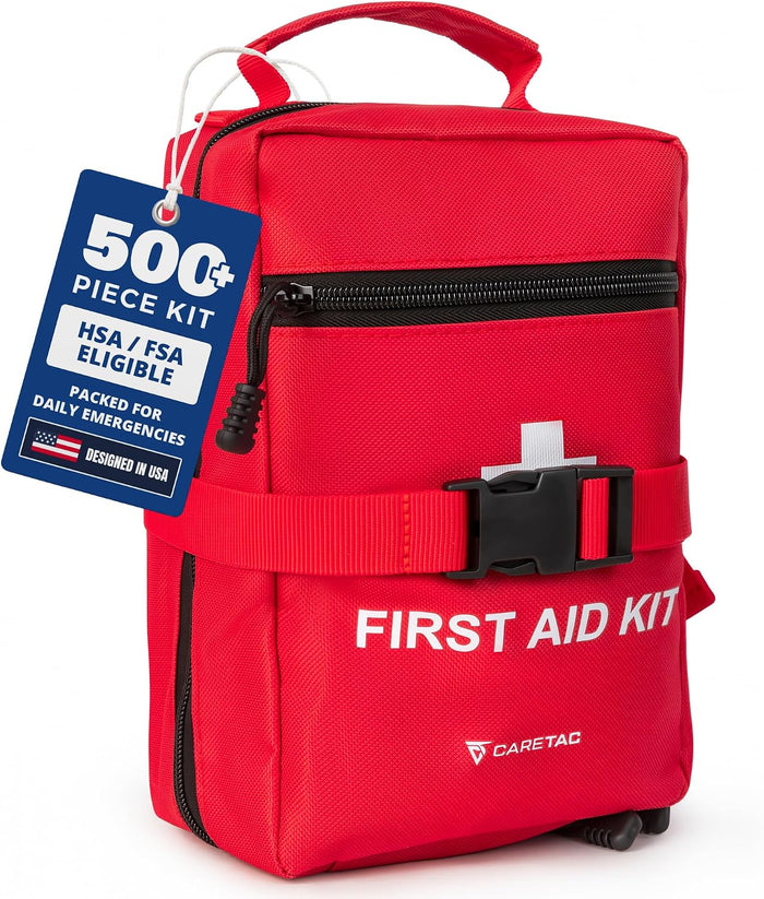 Caretac 500+ Piece Premium Large First Aid Kit, Fully Stocked Emergency Medical Supplies Bag for Home, Car, Travel, School & Workplace