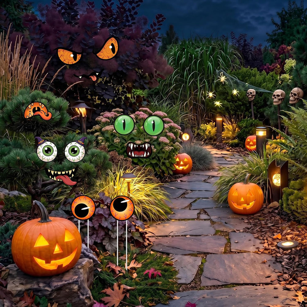 Junkin 12 Pcs Big Halloween Bush Eyes and Mouths, 4 Styles Yard Decorations