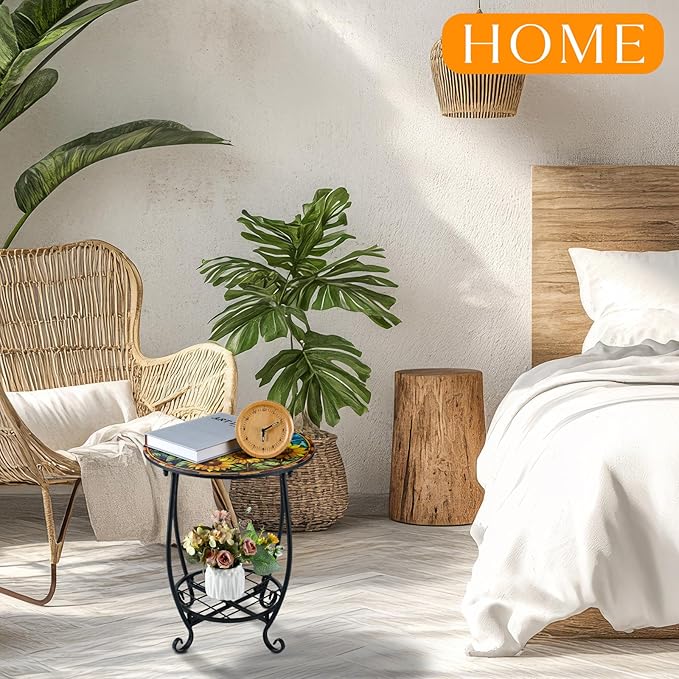 Outdoor Side Table Round Small Mosaic Patio Accent Indoor End Plant Coffee Te...