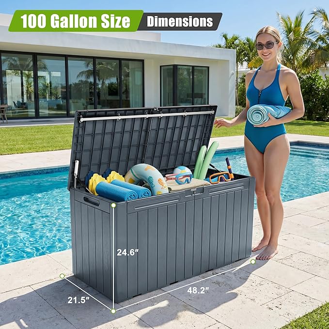 Flamaker Resin Deck Box 100 Gallon Large Lockable Outdoor Storage Box Waterpr...