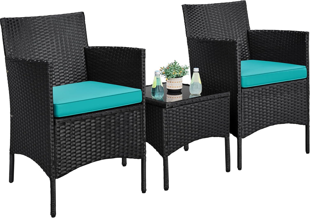 Yaheetech 3 Pieces Patio Conversation Set, Chairs & Side Table, Black/Cyan