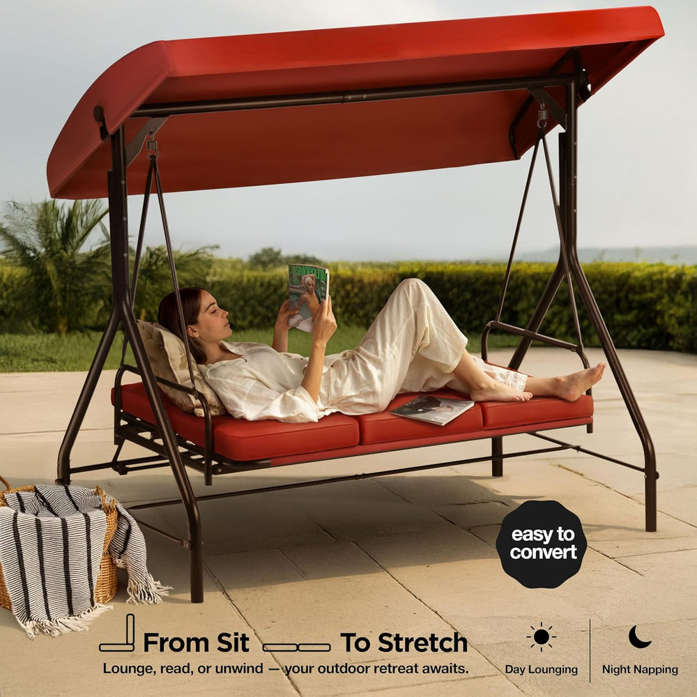 3 Seat Outdoor Patio Swing with Canopy, Convertible Glider Bed, Cushions