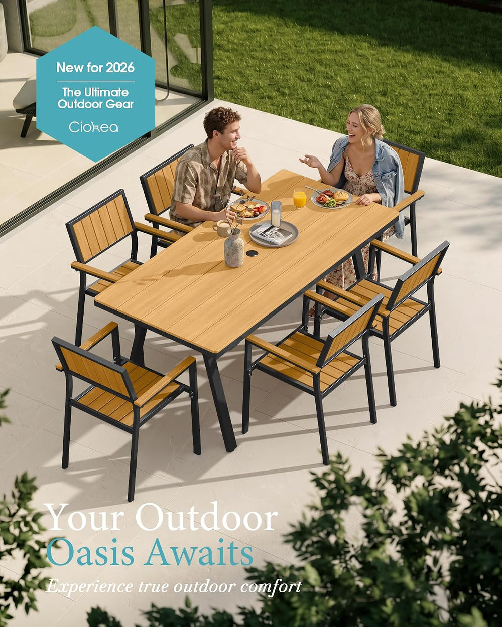 Aluminum Outdoor Dining Set of 6, Patio Table and Stackable Chairs, Teak