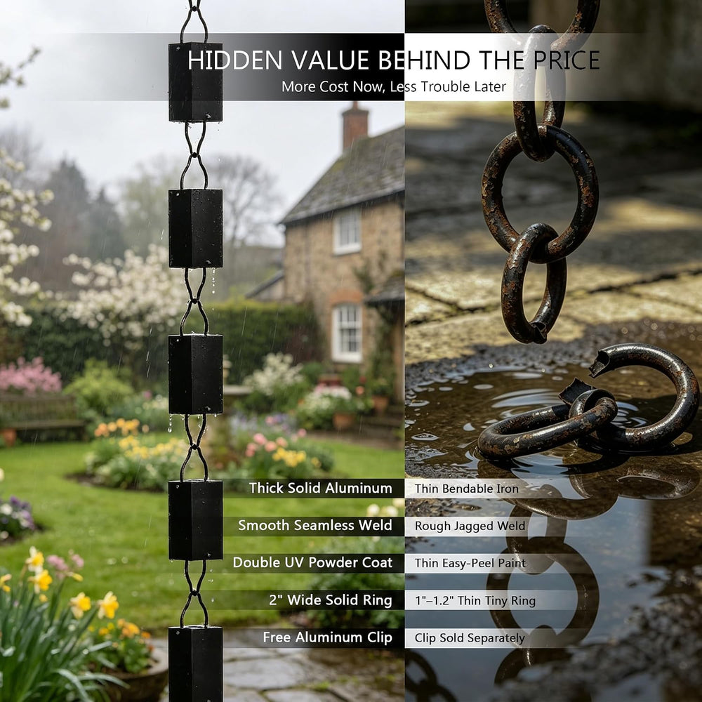 3 ft Aluminum Rain Chain for Gutters Outside, Big Square Cup