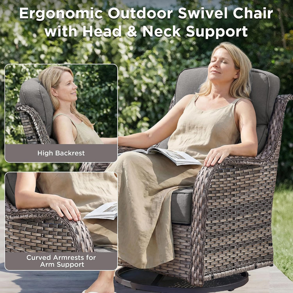 Luxury Patio Furniture Set with Fire Pit Table-4 Pieces High Back Wicker Swiv...