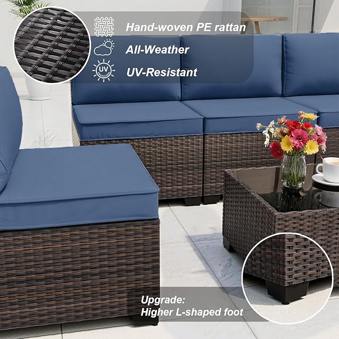 ALAULM Patio Furniture Set with Coffee Table, 7 Pieces Outdoor Sectional with...