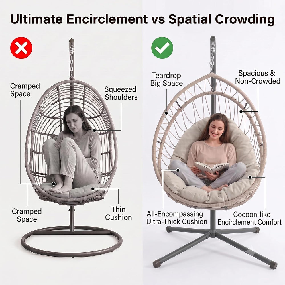 Upgraded Core-Spun Polyester Rope Hanging Egg Chair w/Stand, Foldable Swing S...
