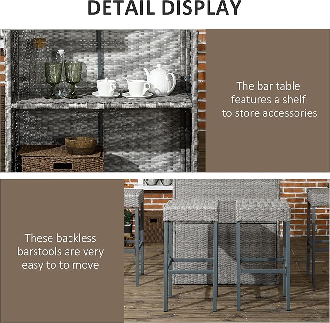 Outsunny 5 Piece Wicker Outdoor Bar Set, High Top Outdoor Table and Chairs, B...