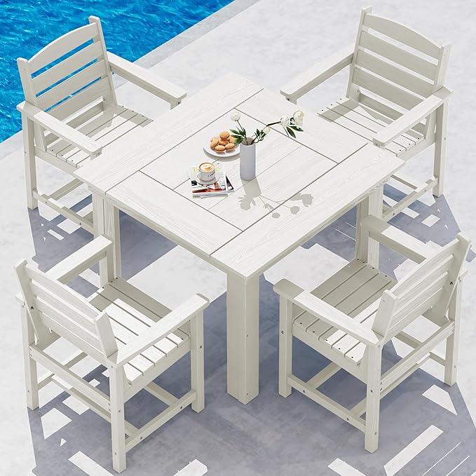 SERWALL Outdoor Dining Set for 4, HDPE Square Table and Chairs Set All Weathe...