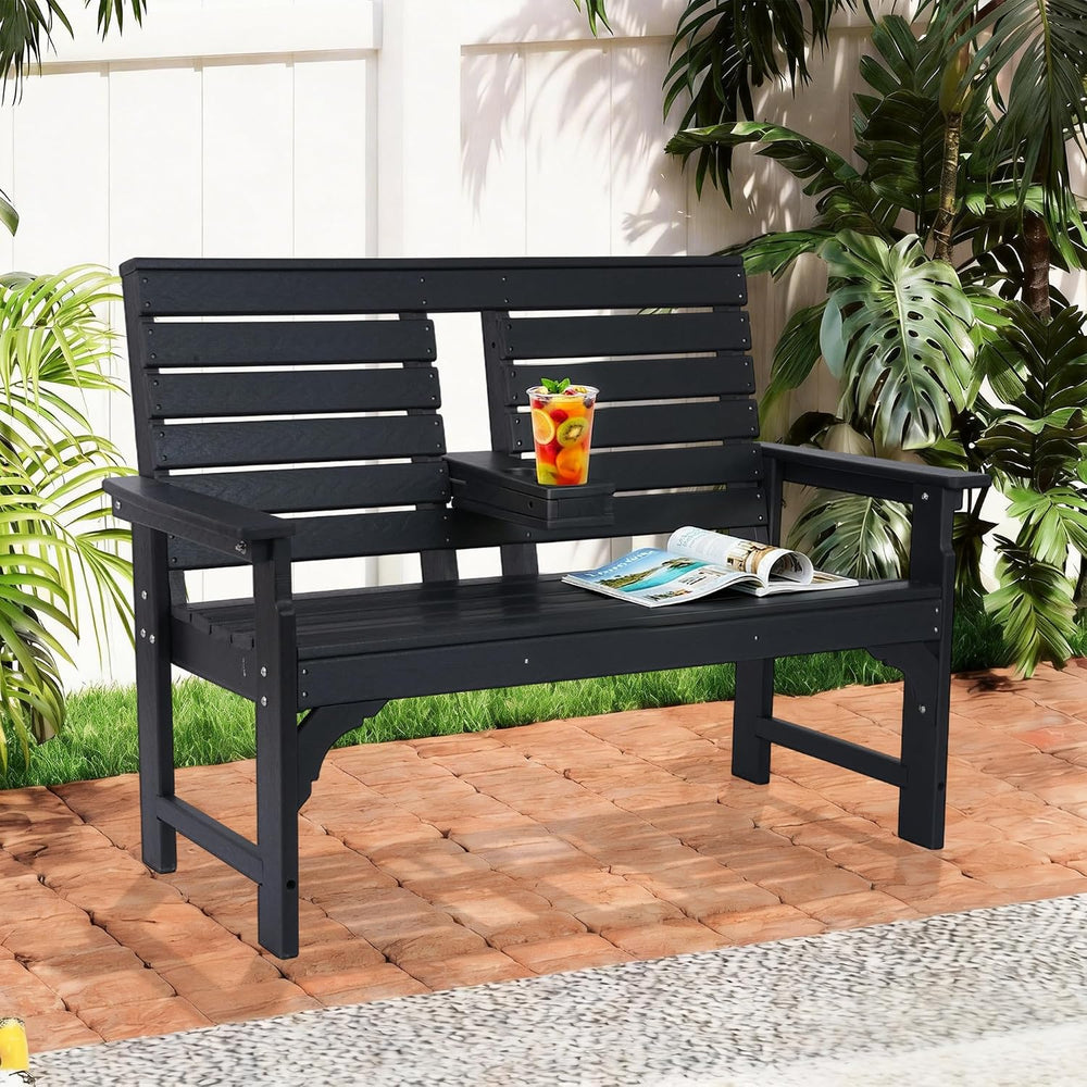 Outdoor Bench with Cup Holders, HDPE 2-Person Weatherproof Patio Benches, Fad...