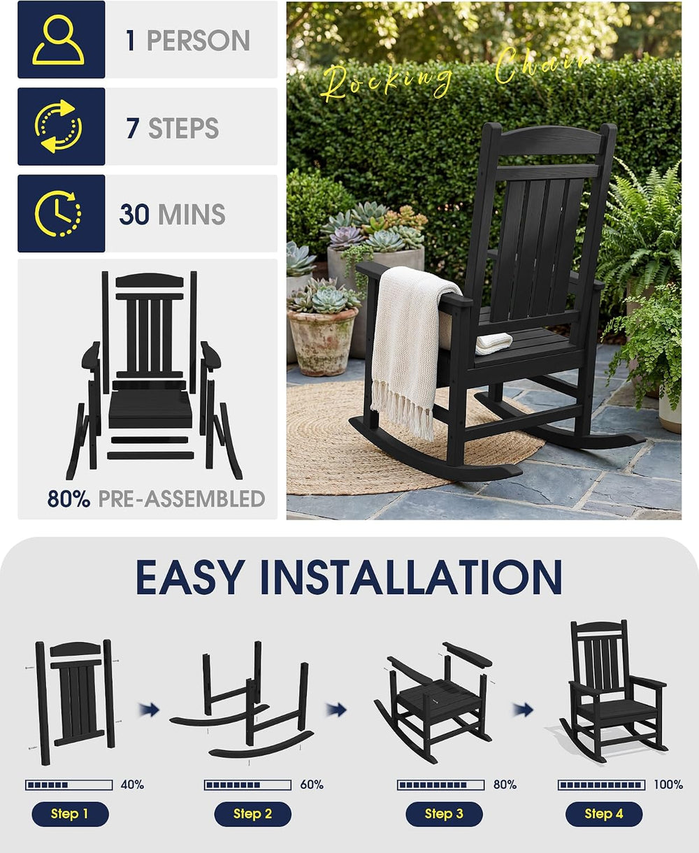 KINGYES Oversized Outdoor Rocking Chair for Adults, Porch Rockers, Black