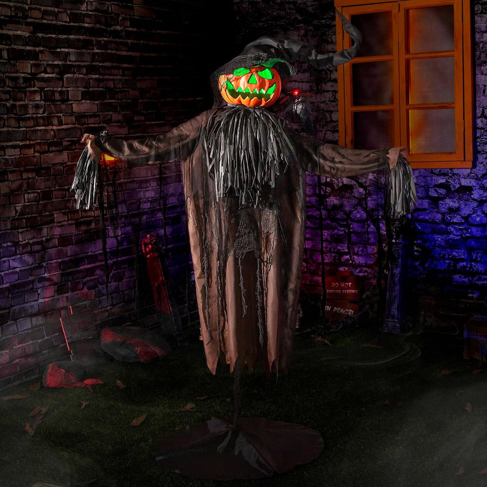 Halloween Animatronics Decorations, 5.5FT Animated Scarecrow with Pumpkin Hea...