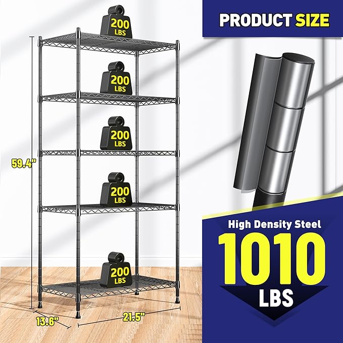 Storage Shelves Adjustable Metal Shelving Unit 5 Tier Wire Shelving,1010LBS P...
