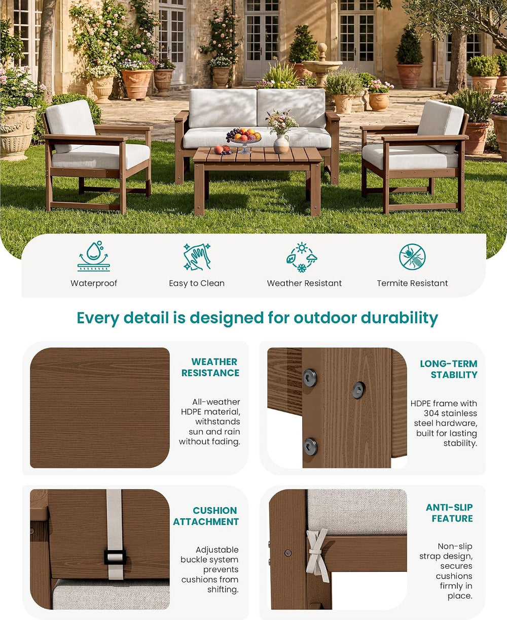 SERWALL 3 Pieces HDPE Outdoor Sofa Bistro Set with Cushions & Coffee Table