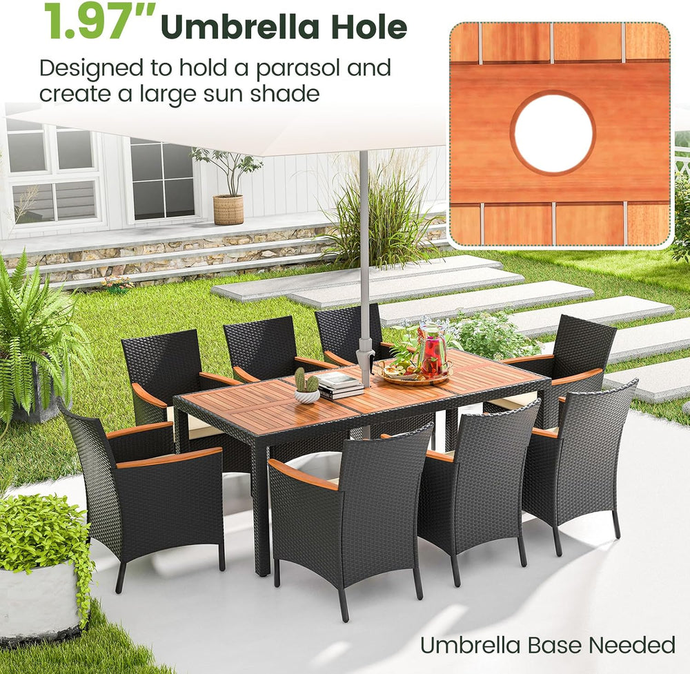 Tangkula 9 Pieces Rattan Outdoor Dining Set for 8, Outdoor Acacia Wood Table ...