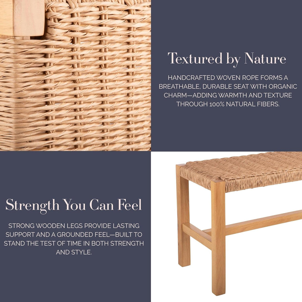 Alaterre Newport Solid Wood Entryway Bench with Woven Rope Seat, Light