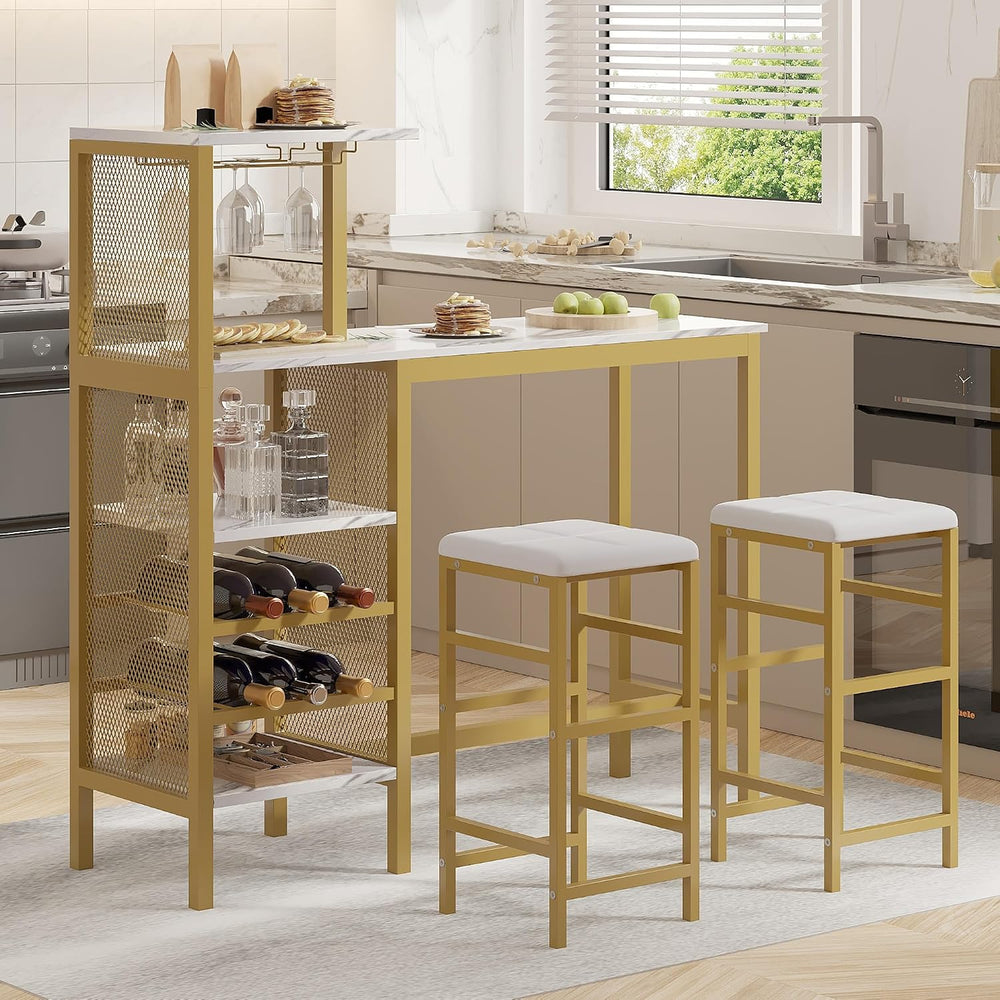 VECELO Bar Table and Chairs Set for 2, Tall Kitchen Counter Dining with Stora...