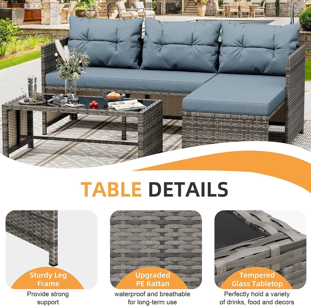 Shintenchi 3 Pieces Patio Furniture Set,Outdoor Sectional Sofa,Blue-Gray