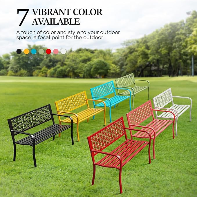 VINGLI 50" Outdoor Bench Metal with Floral Back, Garden Bench Front Porc...