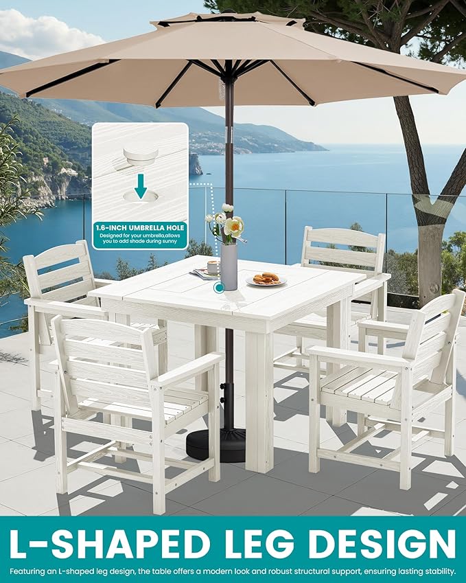 SERWALL Outdoor Dining Set for 4, HDPE Square Table and Chairs Set All Weathe...
