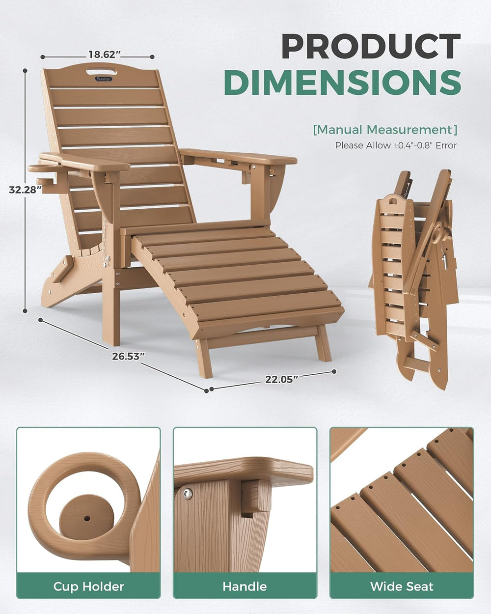 Adjustable Adirondack Chairs with Retractable Ottoman, HDPE Folding Adirondac...