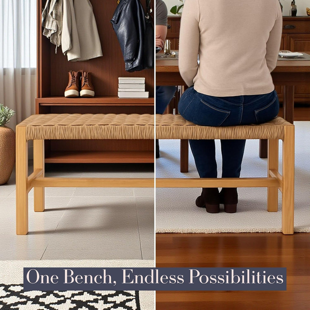 Alaterre Newport Solid Wood Entryway Bench with Woven Rope Seat, Light