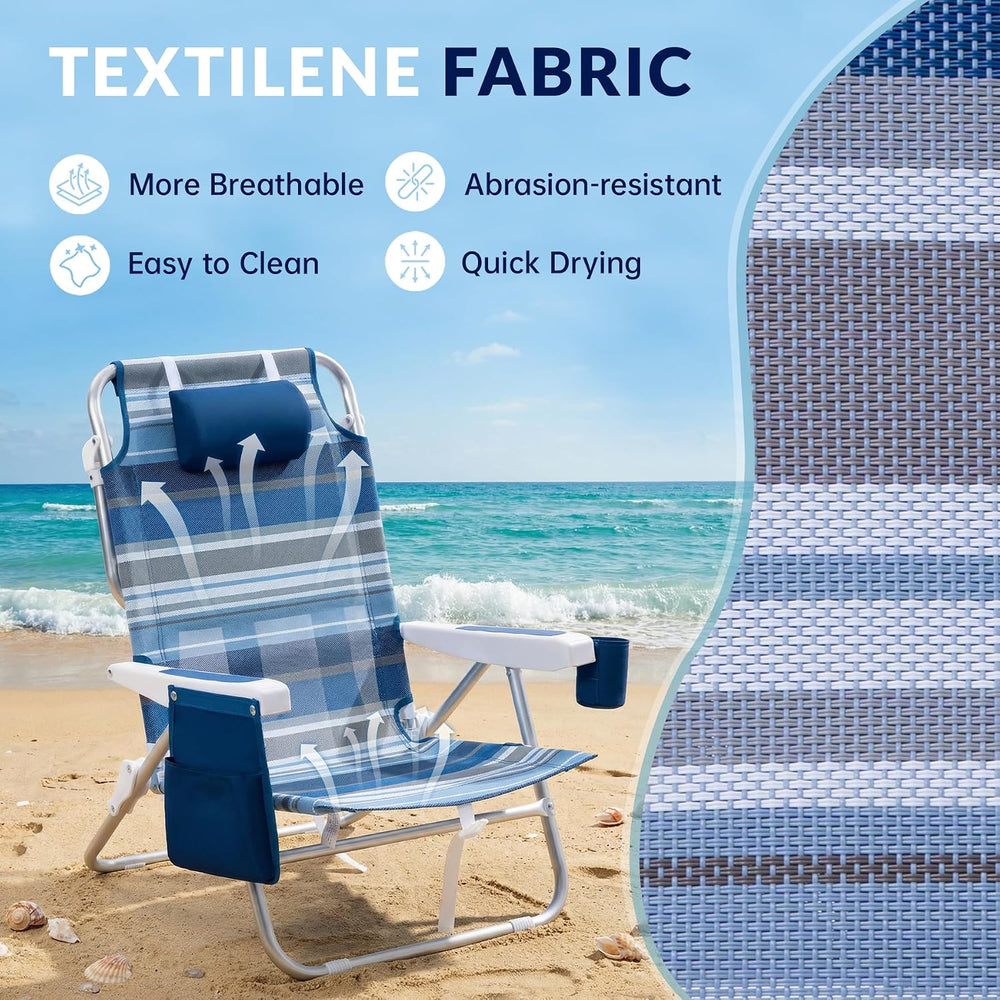 Beach Chair 2 Pack Aluminum 5 Positions Lay Flat Mesh Fabric Folding Beach Re...