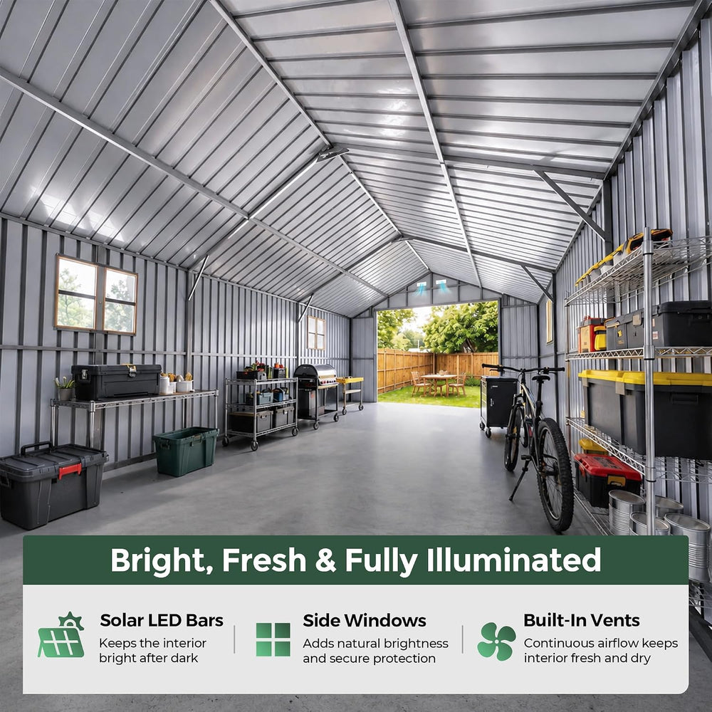 13x20x9.5 FT Outdoor Metal Garage, Enclosed Carport with Solar Light Bars