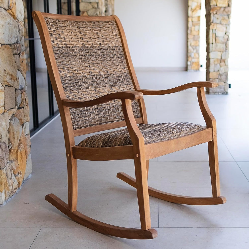 Cambridge Casual Dunham Teak Porch Rocking Chair Brown Wicker, Padded Woven S...