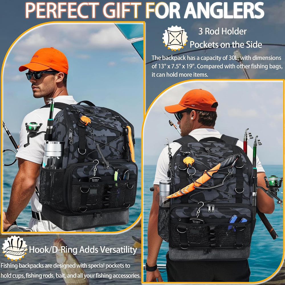 Fishing Backpack with Tackle Boxes and Rod Holder, Cooler, 30L Large Tackle B...