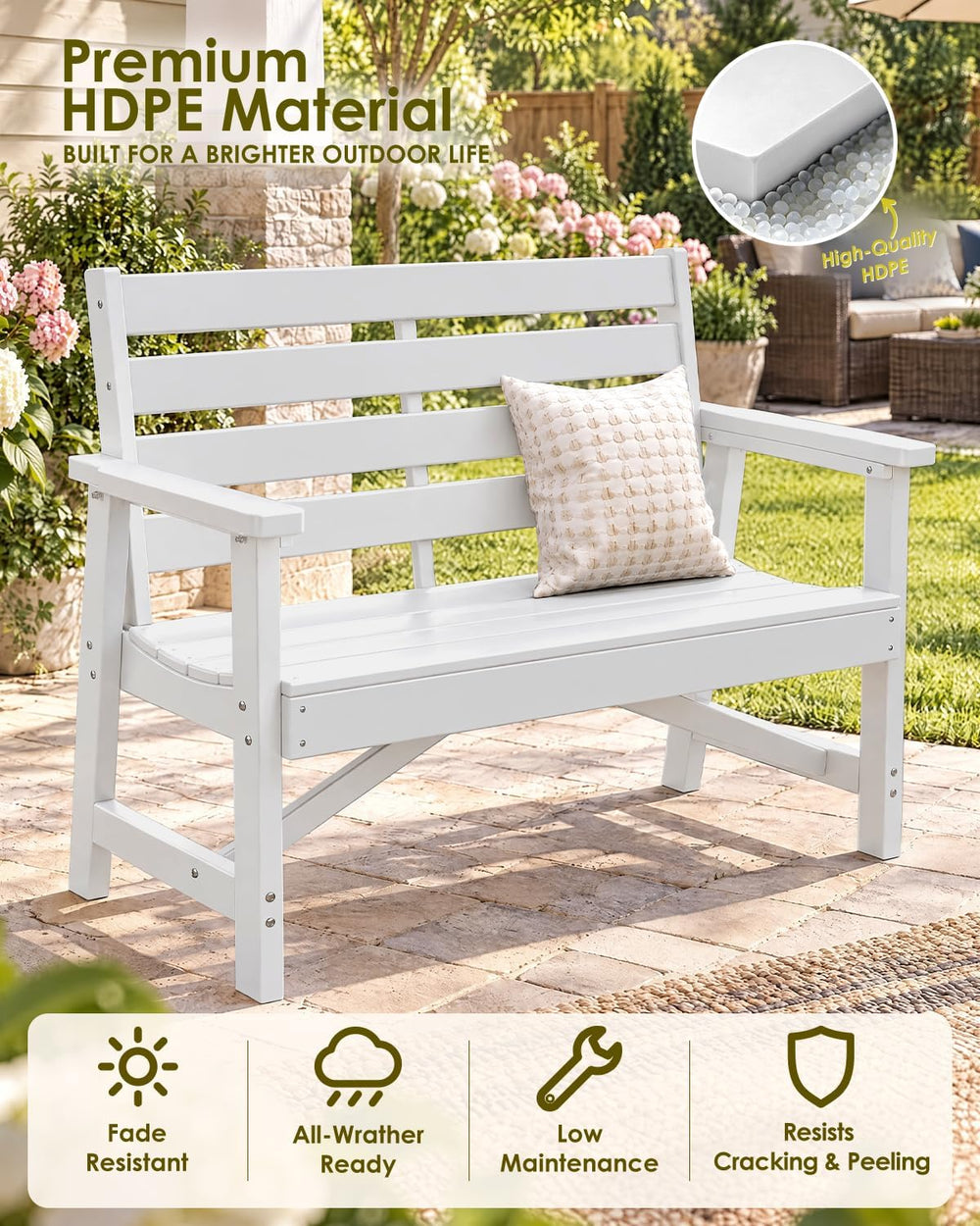 GREENVINES Outdoor Bench, 2-Person HDPE Garden Benches, White