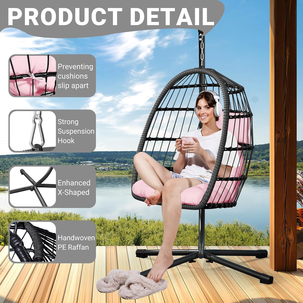 Hanging Egg Chair with Stand, Patio Rattan Wicker Swing Chair, Oversized Hamm...