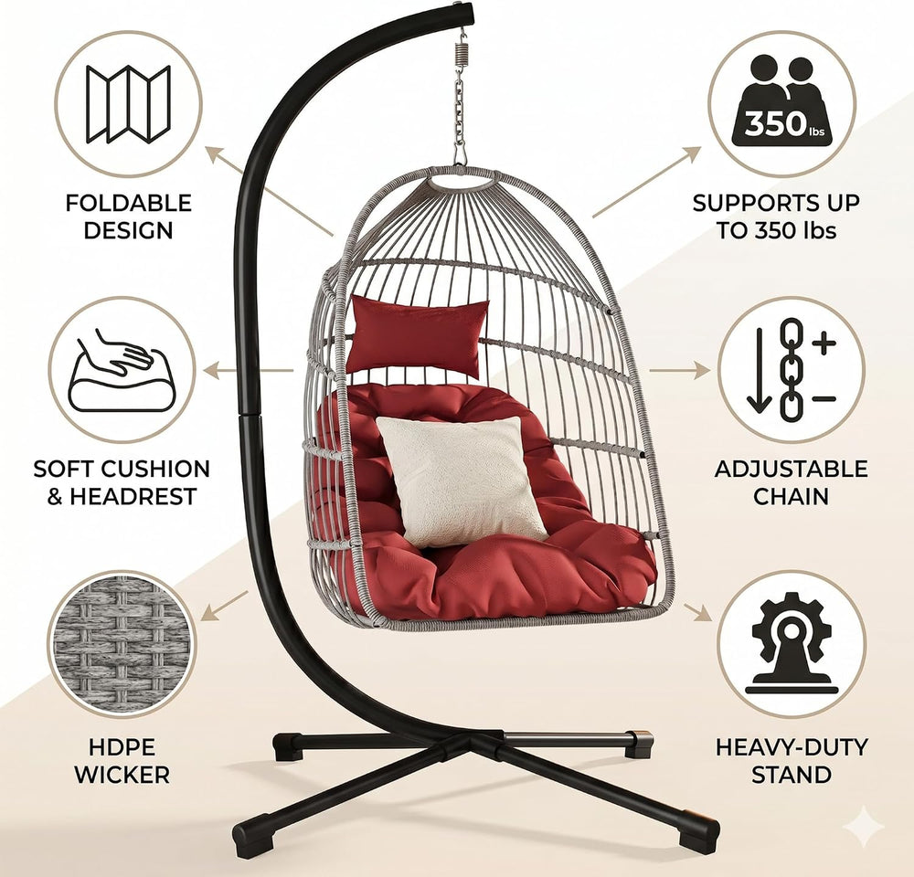 Foldable Hanging Egg Chair with Stand, HDPE Rattan and Heavy Duty Aluminum-St...